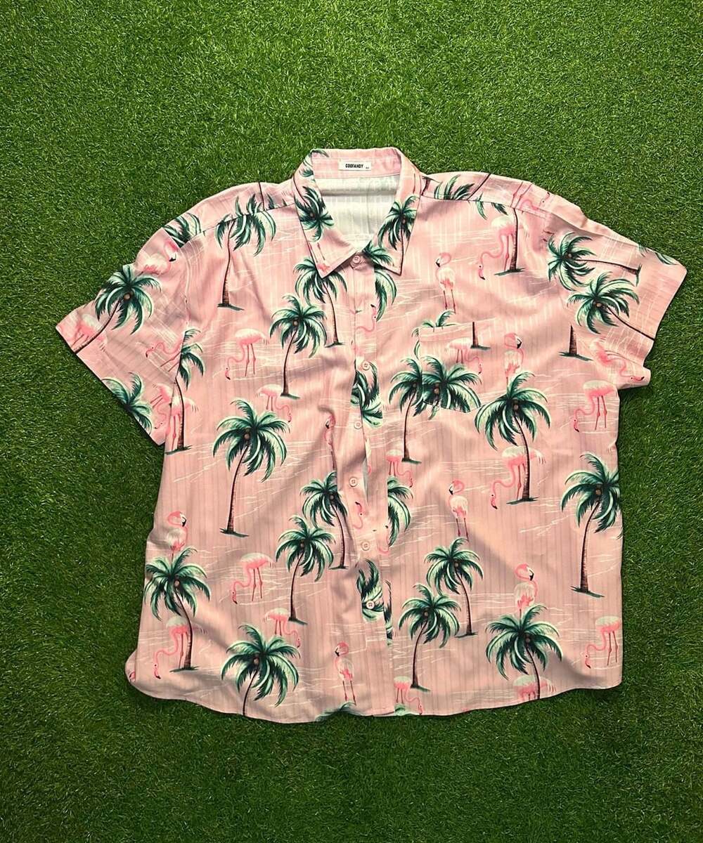 Coofandy Flamingo Palm Tree Hawaiian Shirt Size 5XL Pink Short Sleeve